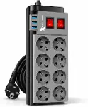 SUWORS Akım Korumalı 8’li Grup Priz 2 Metre – 3 USB Girişli Anahtarlı Çoklu Uzatma Kablosu – 4000W G-1