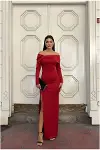 Kadın Zarif Tasarım Esnek Saten Kumaş Carmen Yaka Yırtmaçlı Abiye Elbise-8