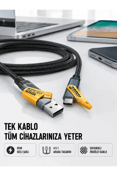 Örgülü Tasarım 4’ü 1 Arada USB-C Lightning Hızlı Şarj Kablosu