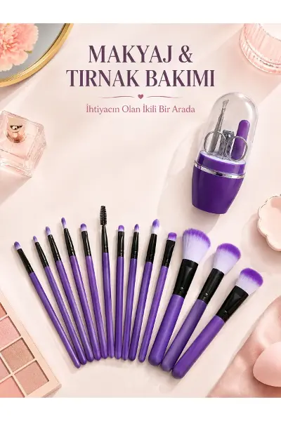 Makyaj ve Tırnak Bakım Seti 12’li Mor Makyaj Fırçaları Manikür Pedikür Seti Günlük Kişisel Bakım Pak