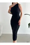 Kadın İnce Tek Omuz Tek Kol Krep Kumaş Bodycon Abiye Elbise-2