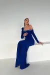 Kadın Krep Kumaş Madonna Yaka Maxi Abiye Elbise-3