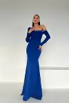 Kadın Krep Kumaş Madonna Yaka Maxi Abiye Elbise-1