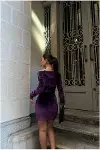 Kadın Zarif Stil Esnek Kadife Kumaş V Yaka Kemerli Abiye Elbise-3
