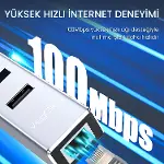 USB 2.0 to 100Mbps Ethernet Çevirici ve 3 Portlu USB Hub Çoklayıcı-2