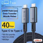 40Gbps 240W 4.0 Thunderbolt Type-C to Type-C Şarj, Data ve 8K 60Hz Görüntü Aktarım Kablosu Tip C 1 M-3