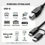 Type-C + Micro USB to USB-B Yazıcı/MIDI Bağlantı Kablosu (1 METRE) - Printer, Tarayıcı, MIDI Klavye,-6
