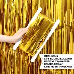 Altın Gold Renk Ekstra Metalize Parlak Saçaklı Arka Fon Perde İthal A Kalite 1x2 Metre-5