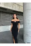 Kadın Tasarım Halter Yaka Kolsuz Krep Kumaş Omzu Açık Abiye Elbise-2