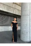 Kadın Tasarım Halter Yaka Kolsuz Krep Kumaş Omzu Açık Abiye Elbise-1