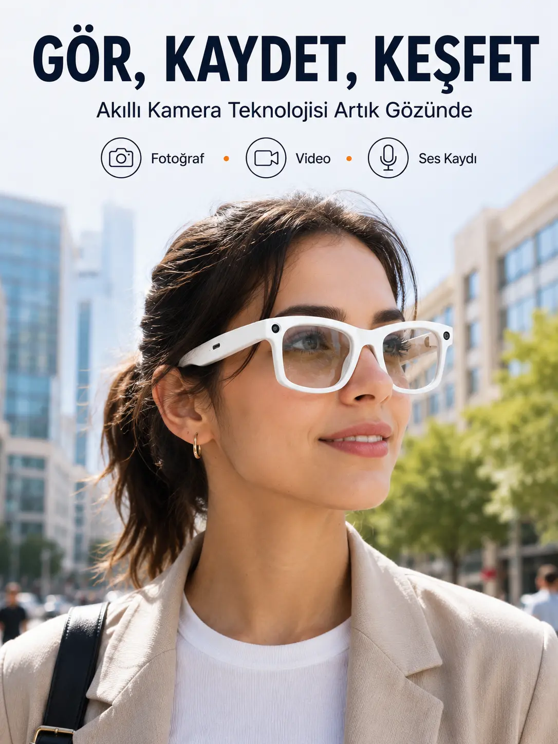 Beyaz Akıllı Kamera Gözlüğü Fotoğraf Video Çekimli Bluetooth Aramalı AI Destekli 3 Değiştirilebilir