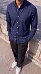 Erkek Standart Kesim Gabardin Kumaş Uzun Kollu Gömlek-1
