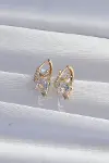 Pirinç Gold Renk İri Zirkon Taşlı Kıvrımlı Minimal Kelebekli Halka Küpe-3