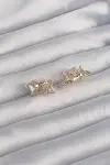Pirinç Gold Renk İri Zirkon Taşlı Kıvrımlı Minimal Kelebekli Halka Küpe-1