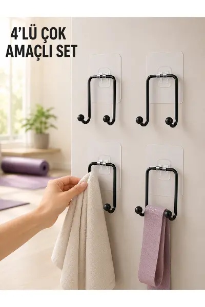 4'lü Duvar Tipi Yapışkanlı Askı Pratik Ev ve Banyo Askılık Seti