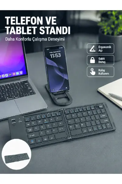 Bluetooth Katlanabilir Klavye USB-C Şarjlı 3 Cihaz Bağlantılı Taşınabilir Klavye