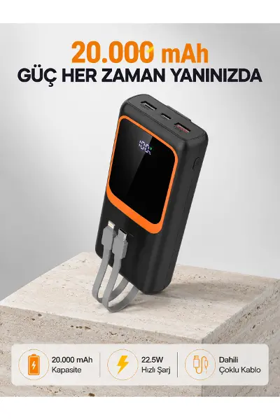 Powerbank 20000 mAh 22.5W Hızlı Şarjlı ve Kompakt Çoklu Kablo Çıkışlı