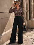 Kadın Uzun Kollu Kruvaze Yakalı üst Dalgıç Leopar Desenli Alt Ithal Krep Pantolon Tulum-3