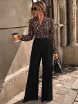 Kadın Uzun Kollu Kruvaze Yakalı üst Dalgıç Leopar Desenli Alt Ithal Krep Pantolon Tulum-1