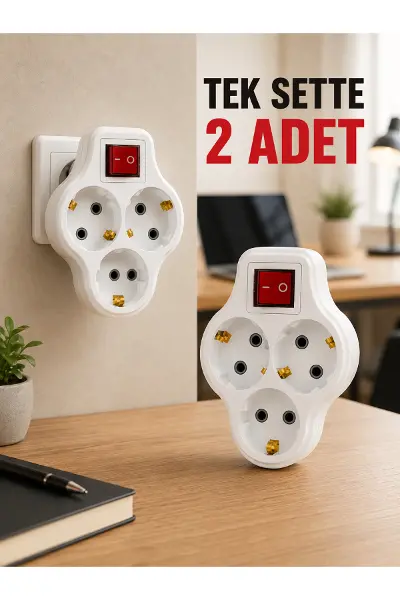 2’li Set Anahtarlı 3’lü Priz Çoğaltıcı Direkt Prize Takılan Kablosuz Çoklayıcı