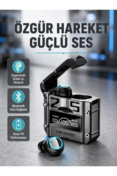 IPX5 Su Geçirmez Kablosuz Bluetooth Kulaklık – Powerbank Şarj Kutulu, Düşük Gecikmeli Oyun Modu
