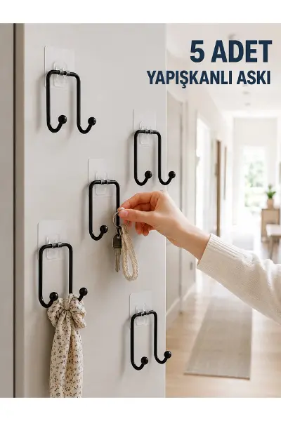 5 Adet Yapışkanlı Duvar Askısı Çok Amaçlı Pratik Askılık Seti