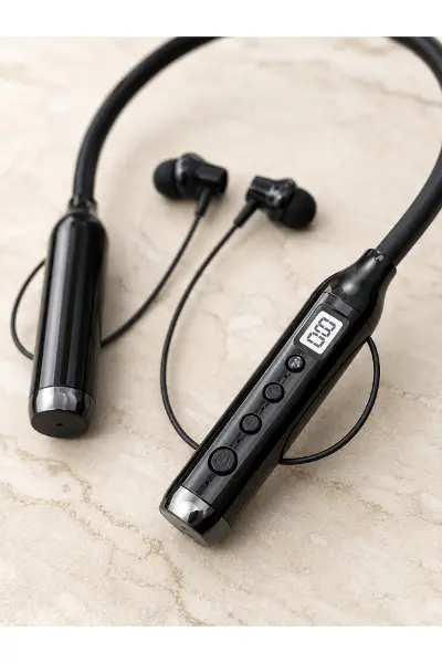 600 Saat Kullanım Süreli Boyun Tipi Bluetooth Kulaklık Mikrofonlu Dijital Göstergeli Kablosuz Kulak