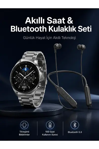 Alarm ve Titreşim Özellikli Akıllı Saat ve Mikrofonlu Kablolu Bluetooth Kulaklık 60 Saat