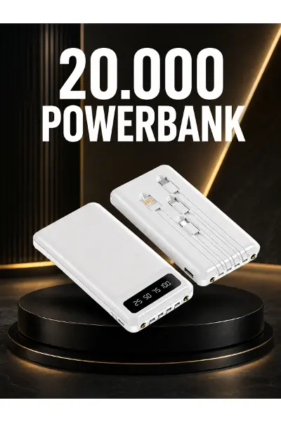 20.000mAh PD Powerbank LED Işık LCD Ekran Dahili Kablo Çoklu Giriş Yeni Nesil