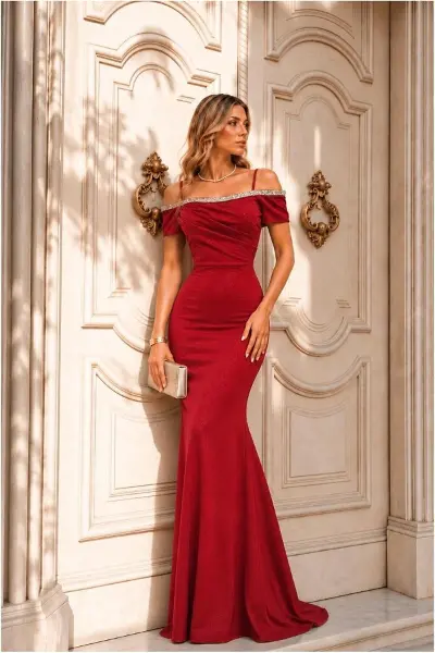 Kadın Modern Stil Carmen Yaka Balık Kesim Kısa Kollu Abiye Elbise