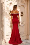 Kadın Modern Stil Carmen Yaka Balık Kesim Kısa Kollu Abiye Elbise-4