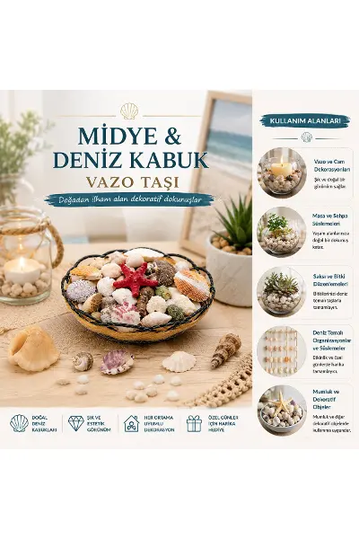 Ahşap Yuvarlak Sepet - Fileli Renkli Mix Midye - Deniz Kabuk Vazo Taşı