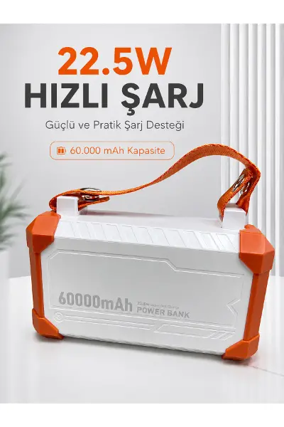 22.5W Hızlı Şarj Destekli 60000 mAh Powerbank 4 Dahili Kablolu Çoklu USB Type-C Çıkışlı Güç Bankası