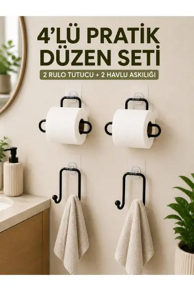 Duvara Yapışkanlı Rulo Kağıtlık ve Havlu Askılığı 2’şer Adet 4’lü Set