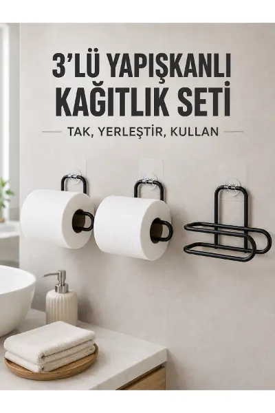 3 Adet Yapışkanlı Rulo Tutucu Siyah Metal Tuvalet Kağıdı Askısı