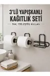3 Adet Yapışkanlı Rulo Tutucu Siyah Metal Tuvalet Kağıdı Askısı-1