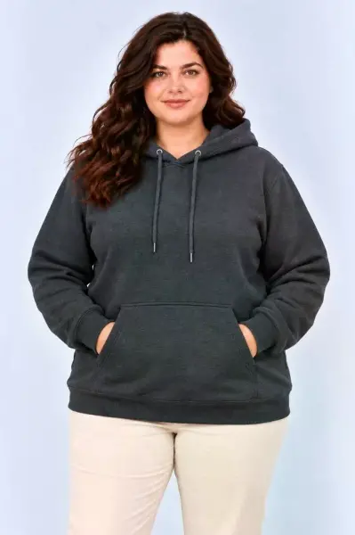 Battal Büyük Beden Üç İplik İçi Şardonlu Kapüşonlu Kanguru Cepli Kışlık Sweatshirt - Füme