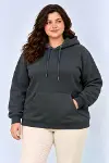 Battal Büyük Beden Üç İplik İçi Şardonlu Kapüşonlu Kanguru Cepli Kışlık Sweatshirt - Füme-3