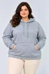Battal Büyük Beden Üç İplik İçi Şardonlu Kapüşonlu Kanguru Cepli Kışlık Sweatshirt - Gri-2