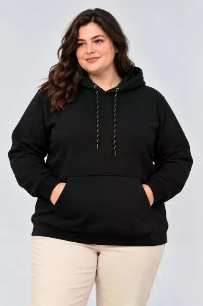Battal Büyük Beden Üç İplik İçi Şardonlu Kapüşonlu Kanguru Cepli Kışlık Sweatshirt - Siyah