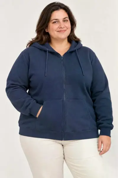 Battal Büyük Beden Üç İplik İçi Şardonlu Kapüşonlu Tam Fermuarlı Kışlık Sweatshirt - Lacivert