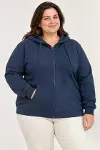 Battal Büyük Beden Üç İplik İçi Şardonlu Kapüşonlu Tam Fermuarlı Kışlık Sweatshirt - Lacivert-1
