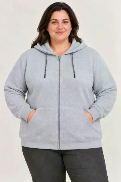 Battal Büyük Beden Üç İplik İçi Şardonlu Kapüşonlu Tam Fermuarlı Kışlık Sweatshirt - Gri