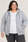 Battal Büyük Beden Üç İplik İçi Şardonlu Kapüşonlu Tam Fermuarlı Kışlık Sweatshirt - Gri-2