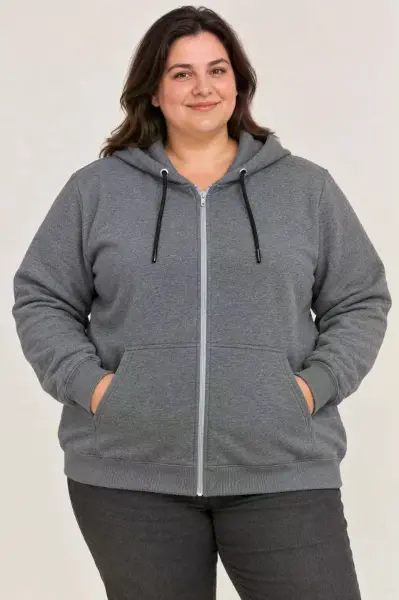 Battal Büyük Beden Üç İplik İçi Şardonlu Kapüşonlu Tam Fermuarlı Kışlık Sweatshirt - Füme