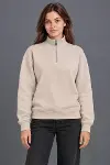 Üç İplik İçi Şardonlu Dik Yaka Yarım Fermuarlı Kışlık Sweatshirt - Bej-3