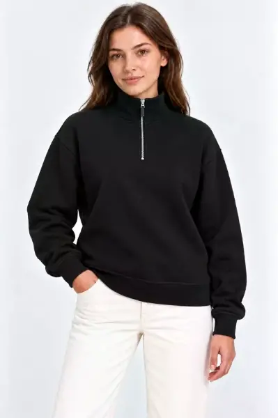 Üç İplik İçi Şardonlu Dik Yaka Yarım Fermuarlı Kışlık Sweatshirt - Siyah