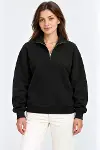Üç İplik İçi Şardonlu Dik Yaka Yarım Fermuarlı Kışlık Sweatshirt - Siyah-4