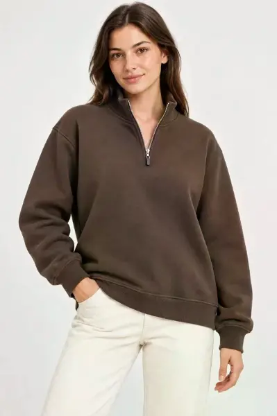 Üç İplik İçi Şardonlu Dik Yaka Yarım Fermuarlı Kışlık Sweatshirt - Kahverengi
