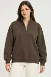 Üç İplik İçi Şardonlu Dik Yaka Yarım Fermuarlı Kışlık Sweatshirt - Kahverengi-2